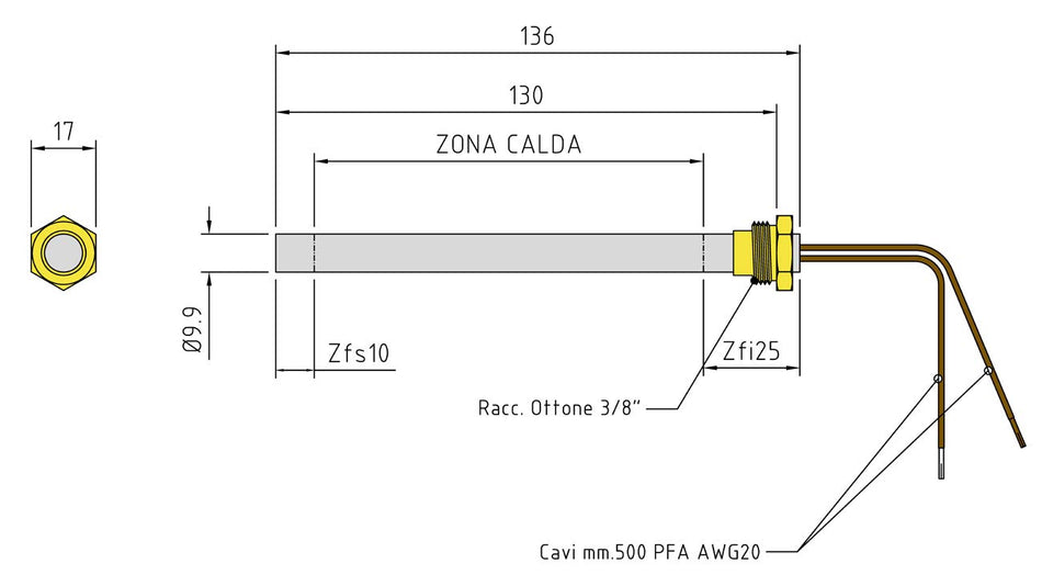 Resistenza accensione stufe a pellet raccordo 3/8 270 W 230 V Ø9,9 x 130/136 mm Made in Italy