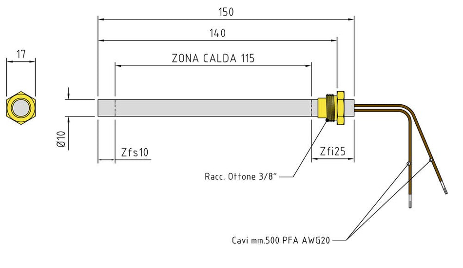Resistenza accensione stufe a pellet raccordo 3/8 280 W 230 V Ø9,9 x 140/152 mm Made in Italy