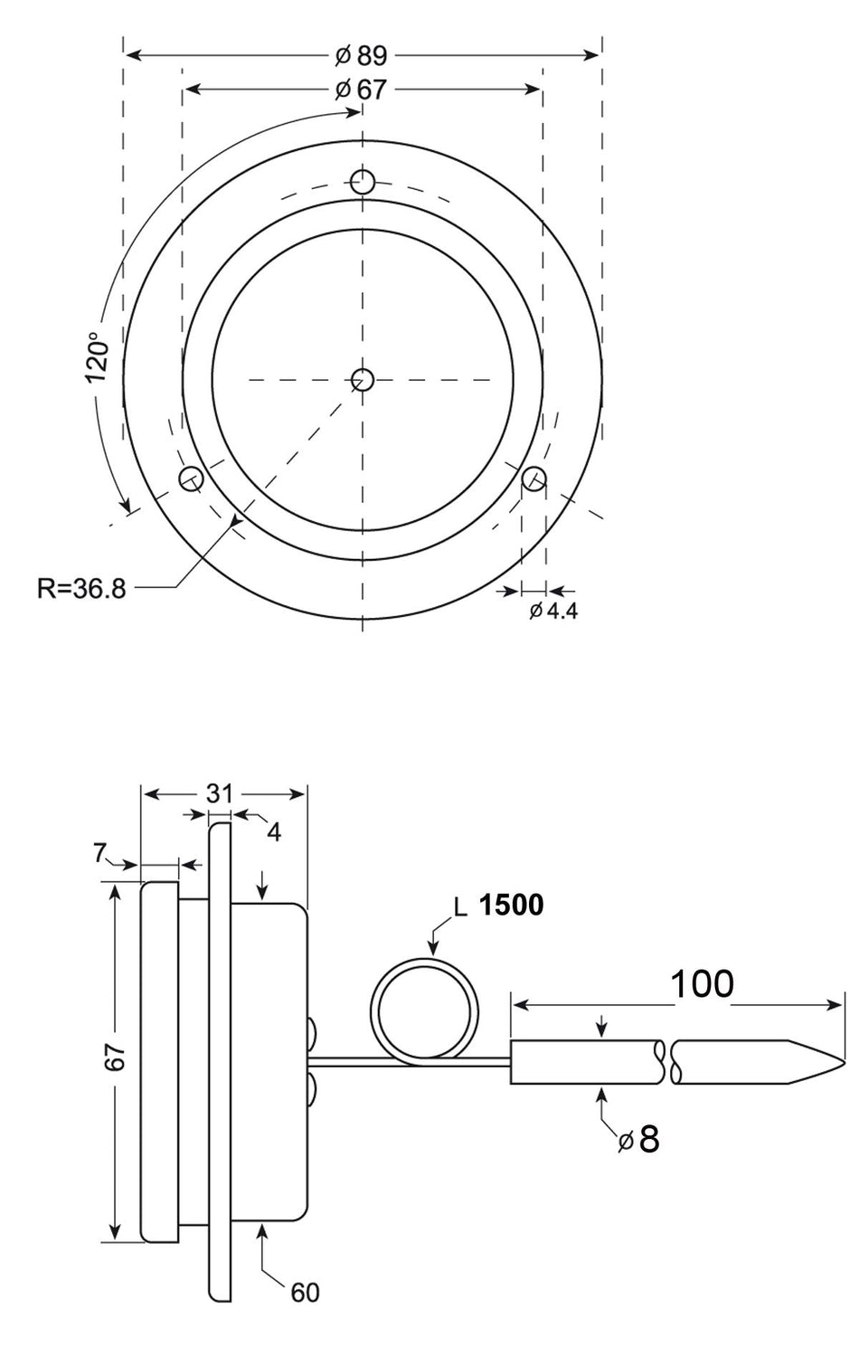 Termometro da forno e barbecue in acciaio inox 0–500 °C Ø 67 mm sonda 1500 mm